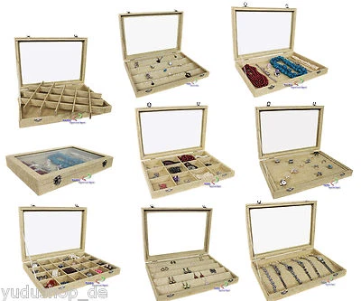 YUDU Schmucklade Schaukasten Schmuckkasten Schmucktablett mit Glasdeckel Jute Look