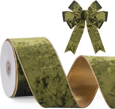 Olive Green Velvet Wired Ribbon, 2.5 Inch Crushed Velvet Ribbons with Gold Edge,