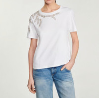 Sandro Shirt Weiß Baumwolle Strass Gr. 34 Fr 36 Damen T-Shirt SFPTS00329