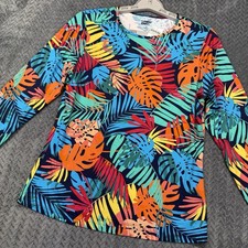 Lands' End Swim Tee Small Rash Guard UPF 50 Tropical Multi Palm Leaves NEW