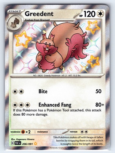 Greedent 206/091 Paldean Fates Shiny Rare Pokemon Holo Near Mint