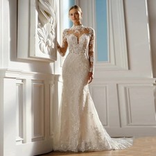 High-Neck Wedding Dresses for Women Lace Appliques Court Train Bridal Gown