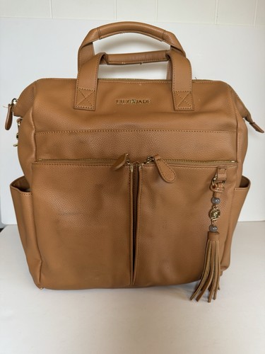 Lily Jade Caroline Large Diaper Bag Backpack Vegan Leather Camel Gold Pockets