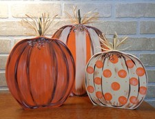 3 Pc. Pumpkin WOOD BLOCK Shelf Sitter SET Thanksgiving Halloween Fall Autumn