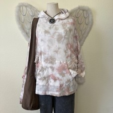 Boho Grunge Tie Dye Waffle Knit Hooded Top Mesh Fringe Lace Trim Pink White S