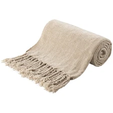 50x60" Beige Chenille Throw Blanket for Couch Decorative Fringe Velvety