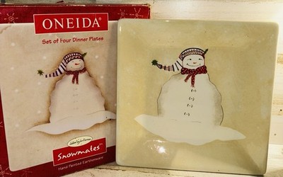Oneida Snowmates Dinner Plates Set of 4 Hand Painted Earthenware Holiday Snowman