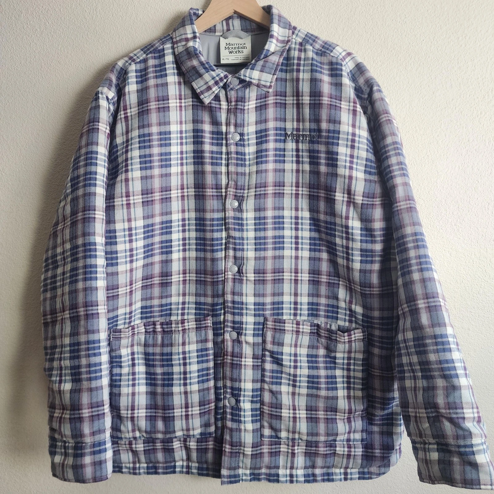 Marmot Mountain Works Jacket Mens XL Purple Plaid Snap Shirt Insulated M13200
