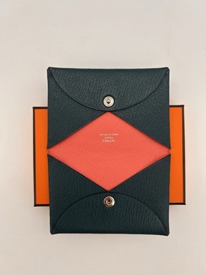 Hermes Chevre Mysore Calvi case Coin Verso Rose Azalee Vert Bosphore With Box