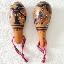 Vintage Hand Carved Gourd Maracas Puerto Rico Peru Souvenir Set of 2 Fish Palm
