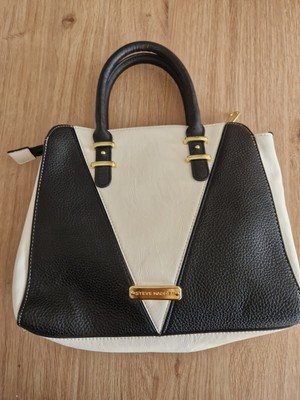 Steve Madden Damen Handtasche weiß schwarz Kunstleder Arbeit Party gold Reißverschlusstasche