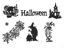 7 HALLOWEEN SILHOUETTE DIE CUT/ CUTS -SPOOKY HOUSE, SKULL, WITCH, CAULDRON, WEB