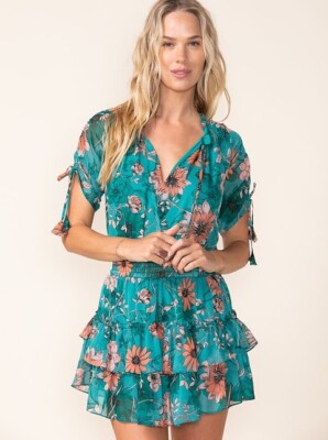 Sky to Moon Teal Pink Floral Rouched Drop Waist Mini dress S | eBay