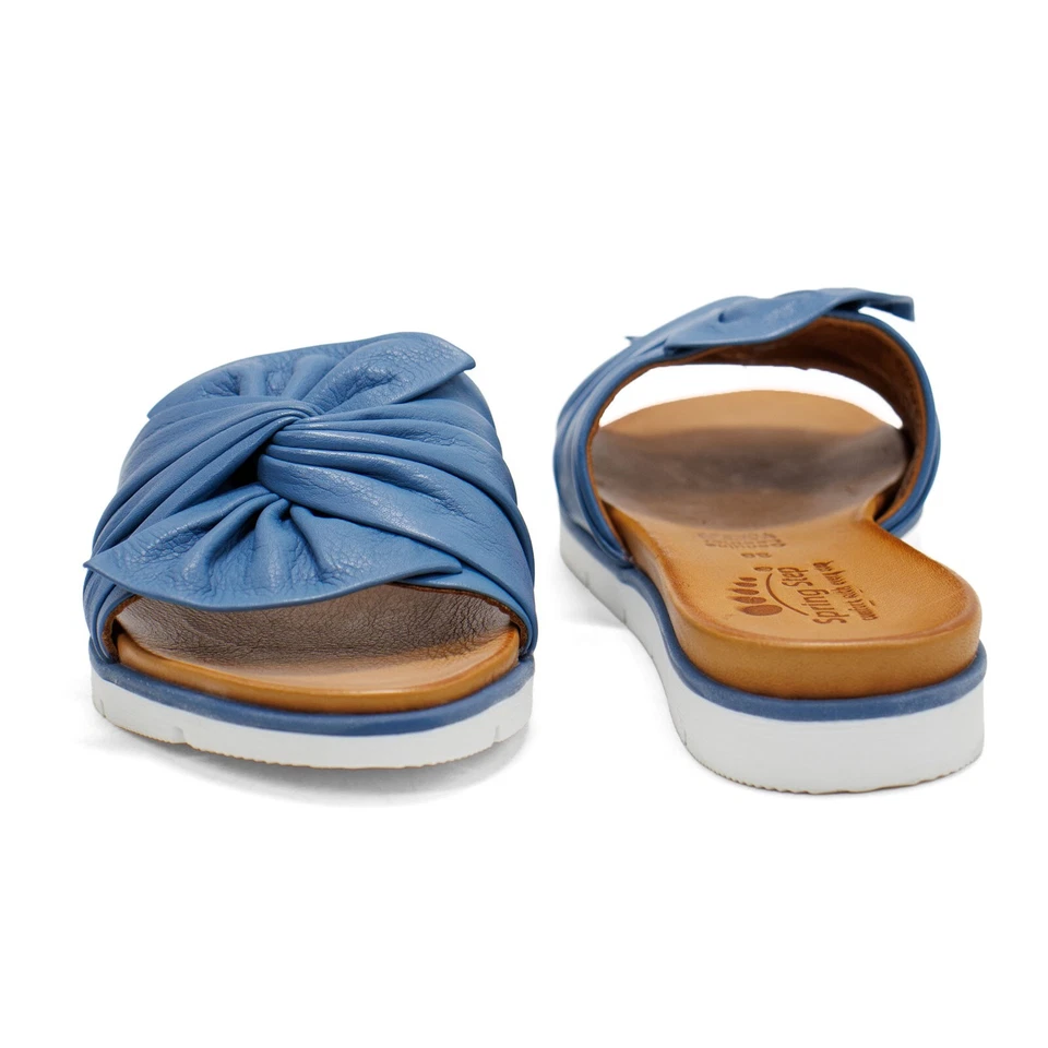 Women Spring Step Lavona Blue Leather Slide Sandal with Bow - Image 3 of 4