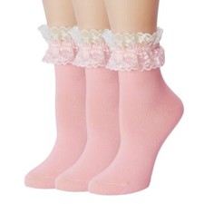Women Lace Ruffle Socks Fashion Fancy Lovely Girl Socks 3 Pairs Pink