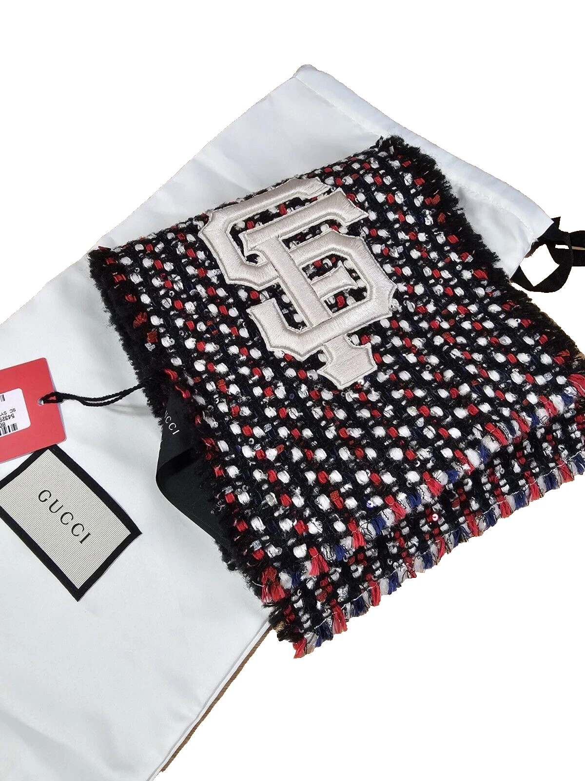 Foulard GUCCI New San Francisco SF géant bleu rouge ivoire laine mélangée 543298 4078