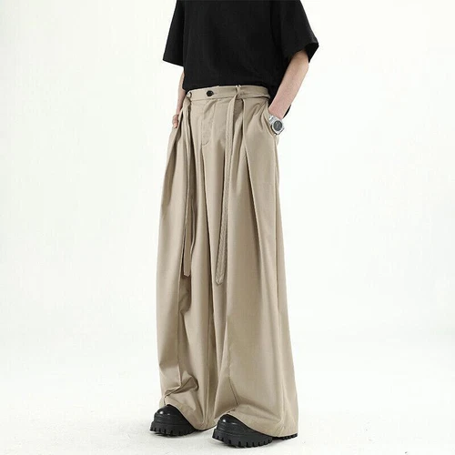 Men's Khaki Loose Wide-leg Trousers Casual Summer Pleated Pants  - Picture 9 of 16