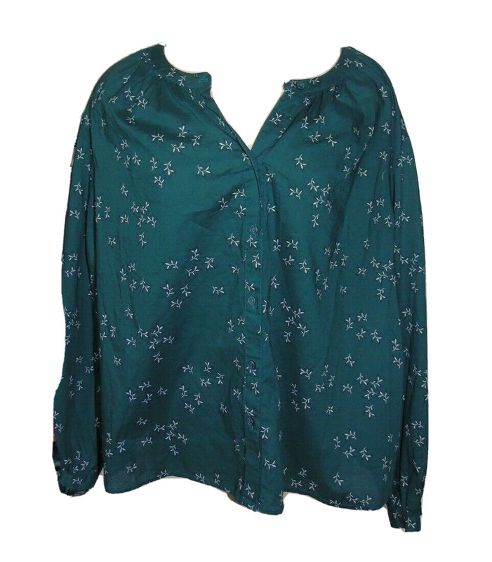 ANA Blouse  Woman 0X Button Down Long Sleeve Top Blouse Leafy Green NEW