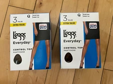 Qty 2 (3 Pair) Leggs Everyday Control Top Pantyhose Size Q  - Suntan - Sheer Toe