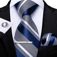 Navy Blue Striped Necktie Mens Tie & Hankie & Cufflinks & Tie Pin Set  Gift