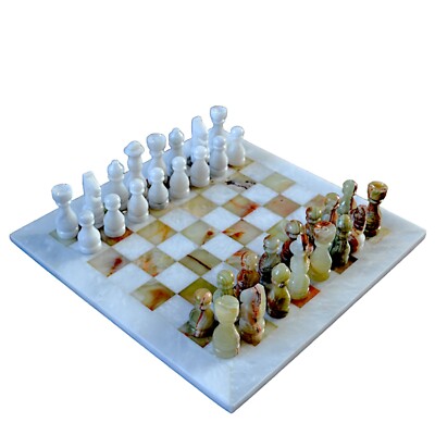 Tischschachbrett mit Schach Marmor Weiß Onyx Grün Italian Chess Set 30cm