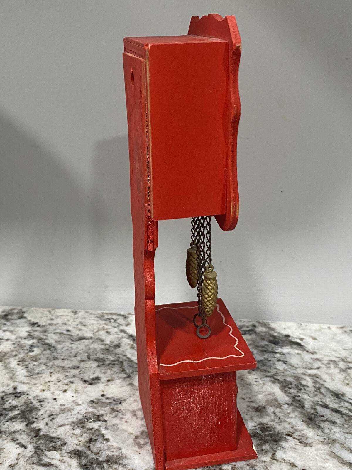 VINTAGE WOODEN MINIATURE GRANDFATHER CLOCK - RED, MADE IN WEST GERMANY
