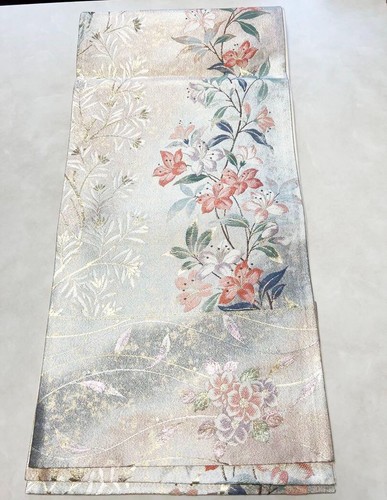 Obi Gürtel für Kimono Robe japanische traditionelle Seide Silber Fukuro Schärpe Stoff - Bild 2 von 10