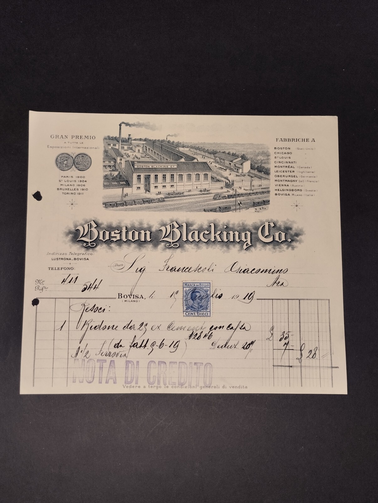 Fattura Milano Bovisa BOSTON BLACKING CO. 1919 QX3527