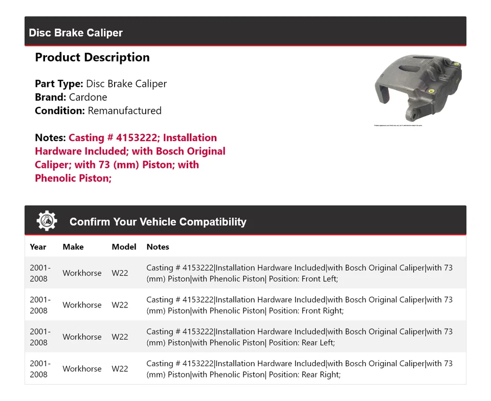 For 2001-2008 Workhorse W22 Disc Brake Caliper Cardone 2002 2003 2004 2005 2006 - Image 2 of 4