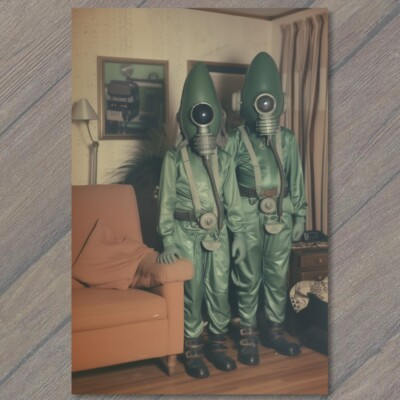 #ad POSTCARD Alien Masks 70s Vibe 1970s Old Looking Halloween Weird Strange Unusual $6.65