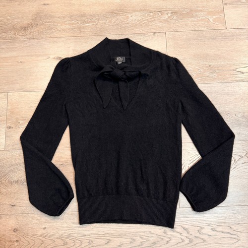 J. Crew Cashmere Tie Neck Sweater Puff Sleeve Black Soft Cozy Size XS XSmall