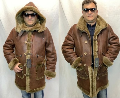 WHISKEY 100% REAL SHEEPSKIN SHEARLING LEATHER Parka Trench Coat Jacket XS-3XL