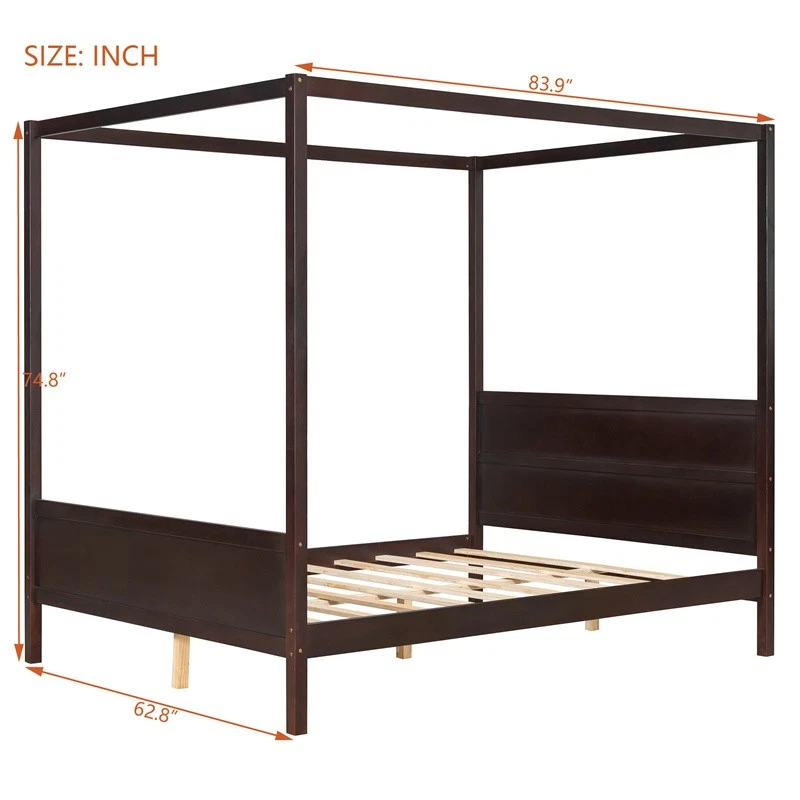 Queen Size Canopy Platform Bed with 4 Canopy Columns & Slat Support Leg,Espresso - Image 2 of 4