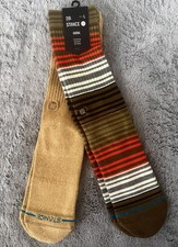 New Stance Mens 25 Crew Socks 2 Pair Pack Cotton Blend Beige Green Wstripes