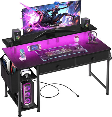 39'' Black Computer Desk with Shelves, Drawers & Power Outlet for Home Office