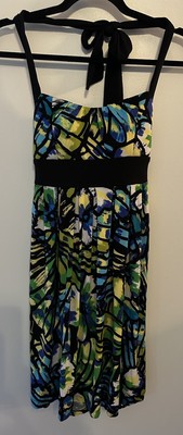 Vtg Y2K City Triangles Dress Short SunDress Floral Halter Green Blue Black Small
