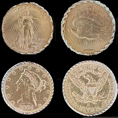 1908 St. Gaudens Double Eagle/ 1901 Liberty Head Half Eagle Gold Coins on Chains