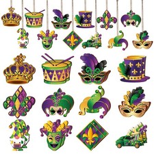 24 Pcs Mardi Gras Wooden Hanging Ornaments Purple, Yellow, Green