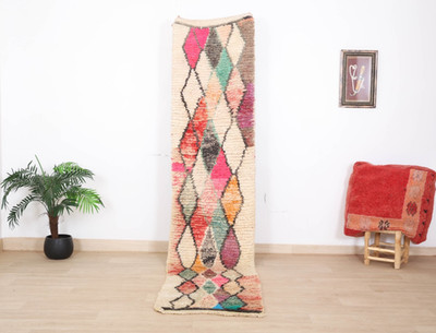 Moroccan Colorful Red Rug Pink Runner 2x9 Ft Handmade Berber Hallway Wool Carpet