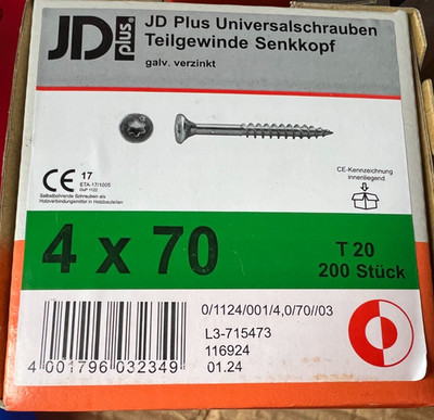 JD Plus Holzschrauben 4x70mm verzinkt  200Stück  T20 / ContPal7