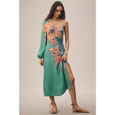NWT Farm Rio One-Shoulder Floral Midi Dress $248 Large Petite LP Green Pink
