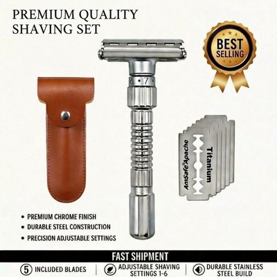 Adjustable Safety Razor Double Edge Mild Aggressive 1-6 Zinc Alloy +5 Blades