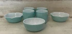 Vtg Hazel Atlas Turquoise Blue Milk Glass Lot 4 Coffee Mugs C Handle & 3 Bowls