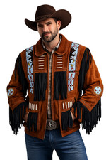 Western Cowboy Jacket Cowhide Brown Leather Fringe Beads Native American Style