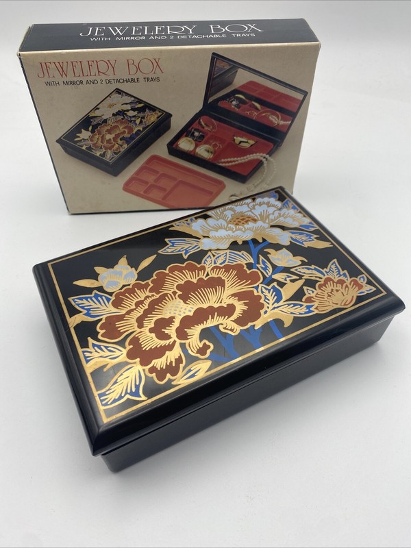 Jewelry Box With Mirror Detachable Stacking Trays Black Lacquered Plastic NIB