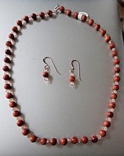 17" 6mm Goldstone & 3mm Crystal Beaded Sterling Silver Necklace Earrings Set