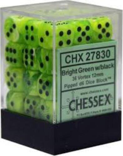 Chessex Dice (36) Block Sets 12mm D6 Vortex Bright Green/ Black 36 Die CHX 27830 - Picture 1 of 1