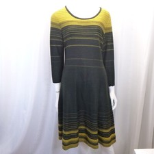 Nine West Womens Medium A-line Sweater Dress Black Harvest Gold Stripes Long Slv