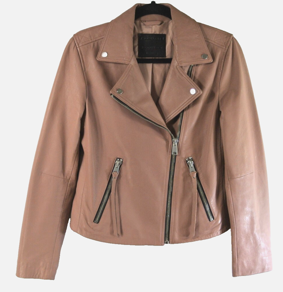 NEW AllSaints Dalby Leather Biker Jacket in Blush Pink - Size US 8