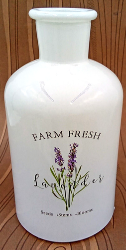 Farm Fresh Lavender Bottle Vase White Glass Floral Seeds Blooms Stems Sprigs 5"